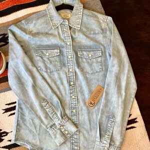 Kimes Ranch tencel denim pearl snap shirt.